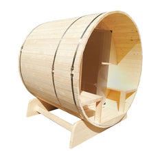 Load image into Gallery viewer, Outdoor or Indoor White Finland Pine Wet Dry Barrel Sauna - 5 Person - Front Porch Canopy - 4.5 kW Harvia KIP Heater