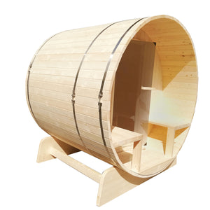 Outdoor or Indoor White Finland Pine Wet Dry Barrel Sauna - 5 Person - Front Porch Canopy - 4.5 kW Harvia KIP Heater