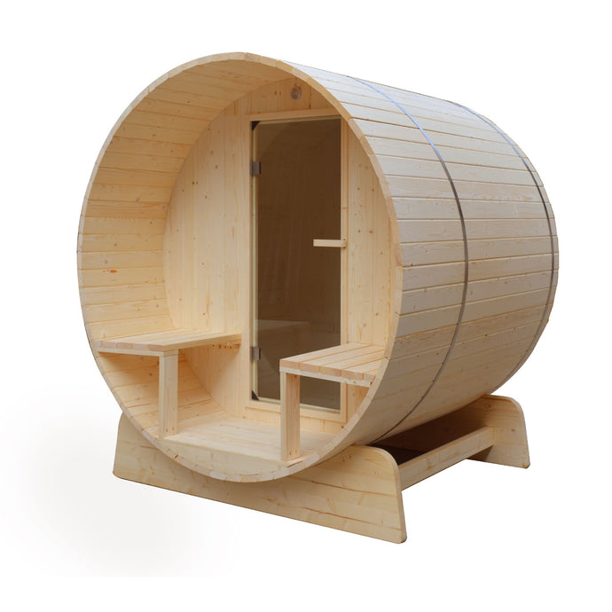 Outdoor or Indoor White Finland Pine Wet Dry Barrel Sauna - 5 Person - Front Porch Canopy - 4.5 kW Harvia KIP Heater