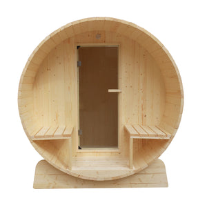 Outdoor or Indoor White Finland Pine Wet Dry Barrel Sauna - 5 Person - Front Porch Canopy - 4.5 kW Harvia KIP Heater