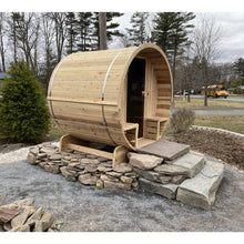 Load image into Gallery viewer, Outdoor or Indoor White Finland Pine Wet Dry Barrel Sauna - 5 Person - Front Porch Canopy - 4.5 kW Harvia KIP Heater