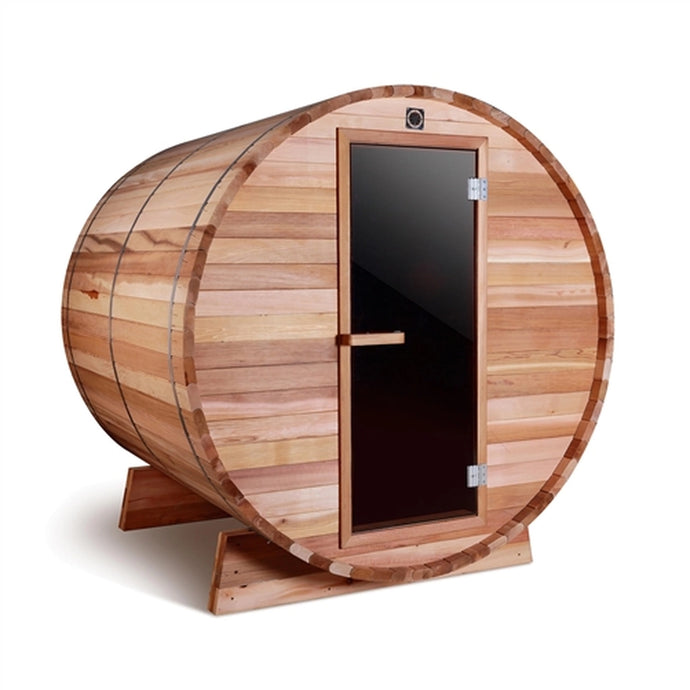 Outdoor and Indoor Rustic Western Red Cedar Barrel Sauna - 4.5 kW Harvia KIP Heater - 4 Person