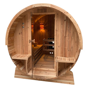 Outdoor Rustic Cedar Barrel Steam Sauna - Front Porch Canopy - 3 kW Harvia KIP Heater - 3 Person