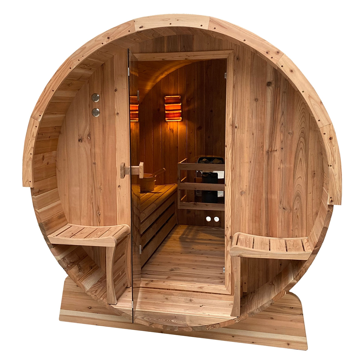 Outdoor Rustic Cedar Barrel Steam Sauna - Front Porch Canopy - 3 kW Harvia KIP Heater - 3 Person