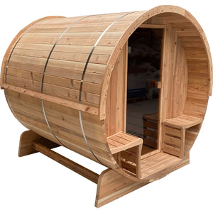 Outdoor Rustic Cedar Barrel Steam Sauna - Front Porch Canopy - 3 kW Harvia KIP Heater - 3 Person