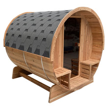 Load image into Gallery viewer, Outdoor Rustic Cedar Barrel Steam Sauna - Front Porch Canopy - 3 kW Harvia KIP Heater - 3 Person