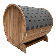 Load image into Gallery viewer, Outdoor Rustic Cedar Barrel Steam Sauna - Front Porch Canopy - 3 kW Harvia KIP Heater - 3 Person