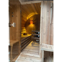 Load image into Gallery viewer, Outdoor Rustic Cedar Barrel Steam Sauna - Front Porch Canopy - 3 kW Harvia KIP Heater - 3 Person