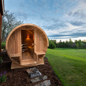 Outdoor Rustic Cedar Barrel Steam Sauna - Front Porch Canopy - 3 kW Harvia KIP Heater - 3 Person