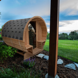Outdoor Rustic Cedar Barrel Steam Sauna - Front Porch Canopy - 3 kW Harvia KIP Heater - 3 Person