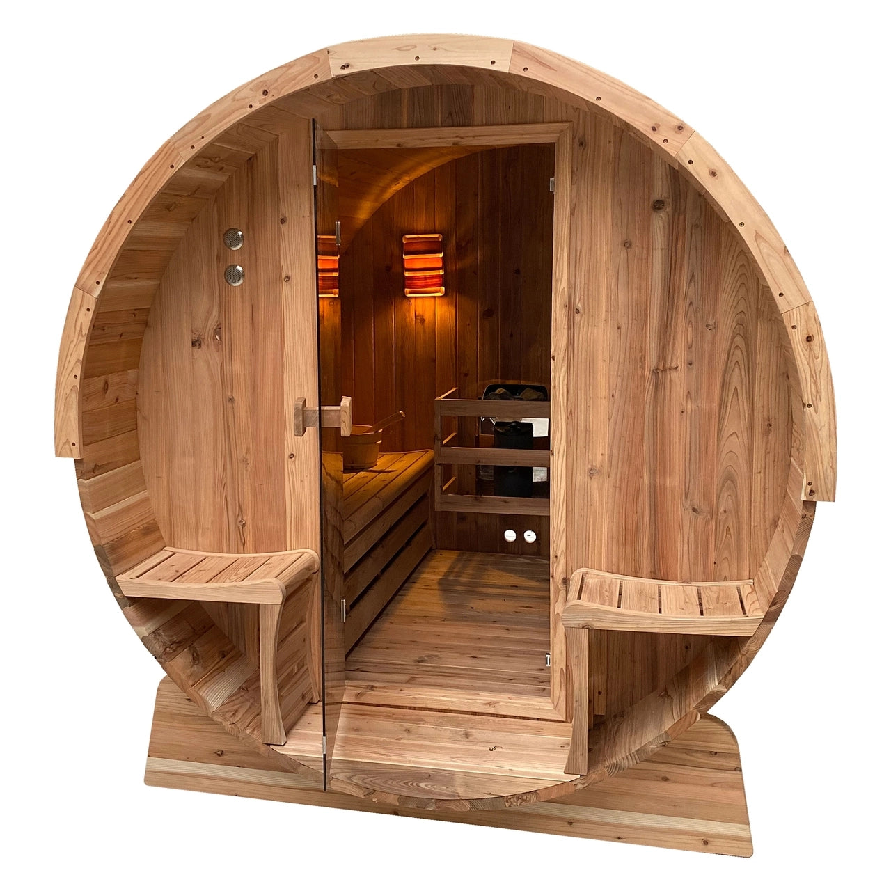 Outdoor Rustic Cedar Barrel Steam Sauna - Front Porch Canopy - 4.5 kW Harvia KIP Heater - 4 Person