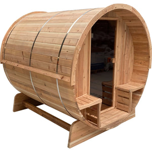 Outdoor Rustic Cedar Barrel Steam Sauna - Front Porch Canopy - 4.5 kW Harvia KIP Heater - 4 Person