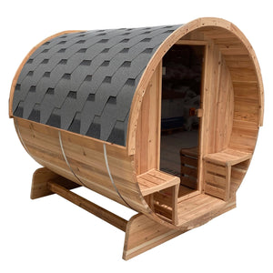 Outdoor Rustic Cedar Barrel Steam Sauna - Front Porch Canopy - 4.5 kW Harvia KIP Heater - 4 Person