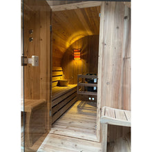 Load image into Gallery viewer, Outdoor Rustic Cedar Barrel Steam Sauna - Front Porch Canopy - 4.5 kW Harvia KIP Heater - 4 Person