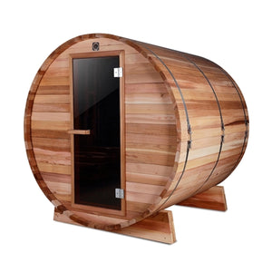 Outdoor and Indoor Rustic Western Red Cedar Barrel Sauna - 4.5 kW Harvia KIP Heater - 4 Person