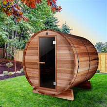 Load image into Gallery viewer, Outdoor and Indoor Rustic Western Red Cedar Barrel Sauna - 4.5 kW Harvia KIP Heater - 4 Person