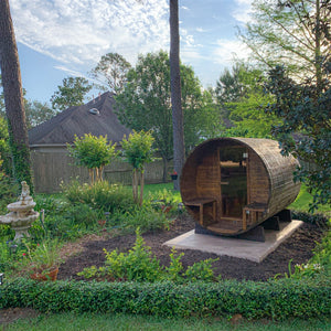 Outdoor and Indoor Western Red Cedar Barrel Sauna with Front Porch Canopy - 4.5 kW Harvia KIP Heater - 5 Person