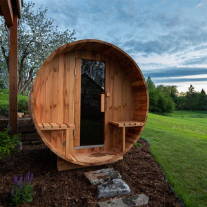 Outdoor and Indoor Western Red Cedar Barrel Sauna with Front Porch Canopy - 4.5 kW Harvia KIP Heater - 5 Person