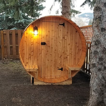 Load image into Gallery viewer, Outdoor and Indoor Western Red Cedar Barrel Sauna with Front Porch Canopy - 4.5 kW Harvia KIP Heater - 5 Person