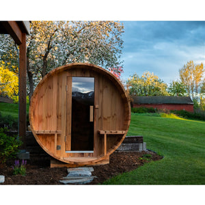 Outdoor and Indoor Western Red Cedar Barrel Sauna with Front Porch Canopy - 4.5 kW Harvia KIP Heater - 5 Person