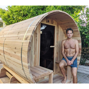 Outdoor and Indoor Western Red Cedar Barrel Sauna with Front Porch Canopy - 4.5 kW Harvia KIP Heater - 5 Person