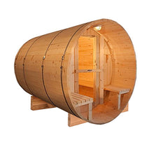 Load image into Gallery viewer, Outdoor and Indoor Western Red Cedar Barrel Sauna with Front Porch Canopy - 4.5 kW Harvia KIP Heater - 5 Person