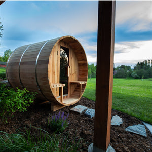 Outdoor and Indoor Western Red Cedar Barrel Sauna with Front Porch Canopy - 4.5 kW Harvia KIP Heater - 5 Person