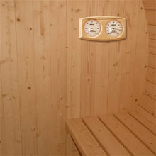 Load image into Gallery viewer, Outdoor or Indoor White Finland Pine Wet Dry Barrel Sauna - 5 Person - Front Porch Canopy - 4.5 kW Harvia KIP Heater