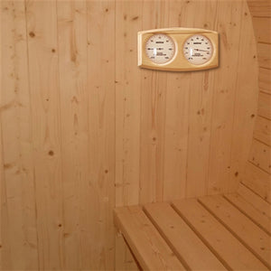 Outdoor or Indoor White Finland Pine Wet Dry Barrel Sauna - 5 Person - Front Porch Canopy - 4.5 kW Harvia KIP Heater