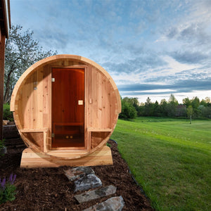 Outdoor Rustic Cedar Barrel Steam Sauna - Front Porch Canopy - ETL Certified - 6 Person