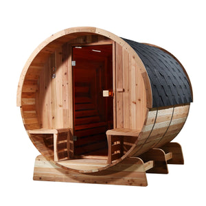 Outdoor Rustic Cedar Barrel Steam Sauna - Front Porch Canopy - ETL Certified - 6 Person
