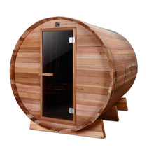 Load image into Gallery viewer, Outdoor or Indoor Rustic Western Red Cedar Wet Dry Barrel Sauna - 6 kW Harvia KIP Heater - 6 person