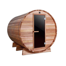 Load image into Gallery viewer, Outdoor or Indoor Rustic Western Red Cedar Wet Dry Barrel Sauna - 6 kW Harvia KIP Heater - 6 person