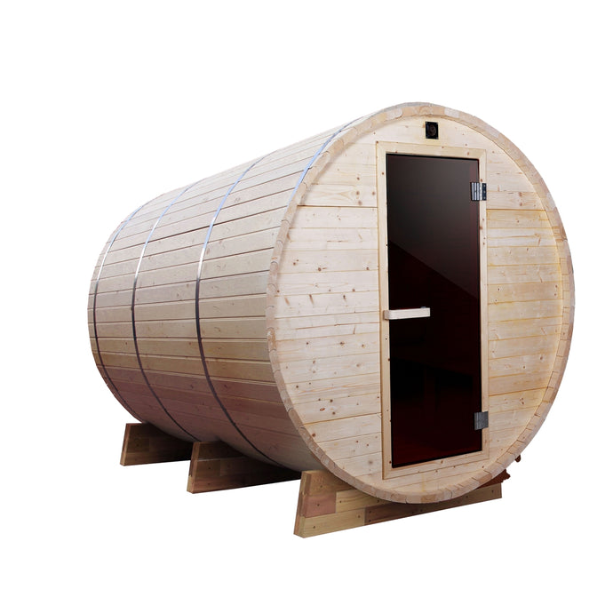 Outdoor or Indoor White Pine Wet Dry Barrel Sauna - 6 kW Harvia KIP Heater - 6 Person