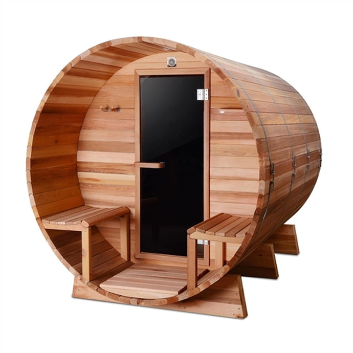 Outdoor or Indoor Western Red Cedar Wet Dry Barrel Sauna - Front Porch Canopy - 8 kW Harvia KIP Heater - 8 Person
