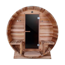 Load image into Gallery viewer, Outdoor or Indoor Western Red Cedar Wet Dry Barrel Sauna - Front Porch Canopy - 8 kW Harvia KIP Heater - 8 Person