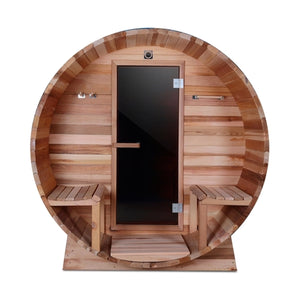 Outdoor or Indoor Western Red Cedar Wet Dry Barrel Sauna - Front Porch Canopy - 8 kW Harvia KIP Heater - 8 Person