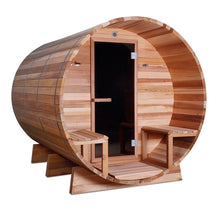 Load image into Gallery viewer, Outdoor or Indoor Western Red Cedar Wet Dry Barrel Sauna - Front Porch Canopy - 8 kW Harvia KIP Heater - 8 Person