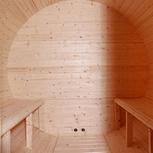 Load image into Gallery viewer, Outdoor or Indoor White Finland Pine Wet Dry Barrel Sauna - Front Porch Canopy - 4 Person