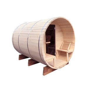 Outdoor or Indoor White Finland Pine Wet Dry Barrel Sauna - Front Porch Canopy - 4 Person