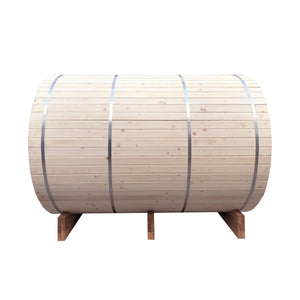 Outdoor or Indoor White Finland Pine Wet Dry Barrel Sauna - Front Porch Canopy - 4 Person