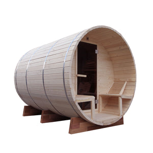 Outdoor or Indoor White Finland Pine Wet Dry Barrel Sauna - Front Porch Canopy - 4 Person