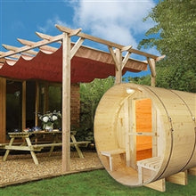 Load image into Gallery viewer, Outdoor or Indoor White Finland Pine Wet Dry Barrel Sauna - Front Porch Canopy - 4 Person