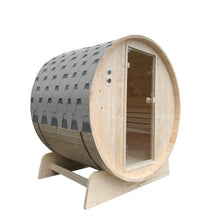 Load image into Gallery viewer, Outdoor Pine Barrel Sauna with Bitumen Shingle Roofing - 4 Person - 4.5 kW Harvia KIP Heater