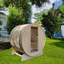 Load image into Gallery viewer, Outdoor Pine Barrel Sauna with Bitumen Shingle Roofing - 4 Person - 4.5 kW Harvia KIP Heater