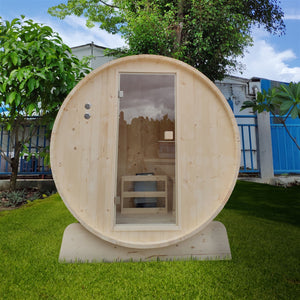 Outdoor Pine Barrel Sauna with Bitumen Shingle Roofing - 4 Person - 4.5 kW Harvia KIP Heater