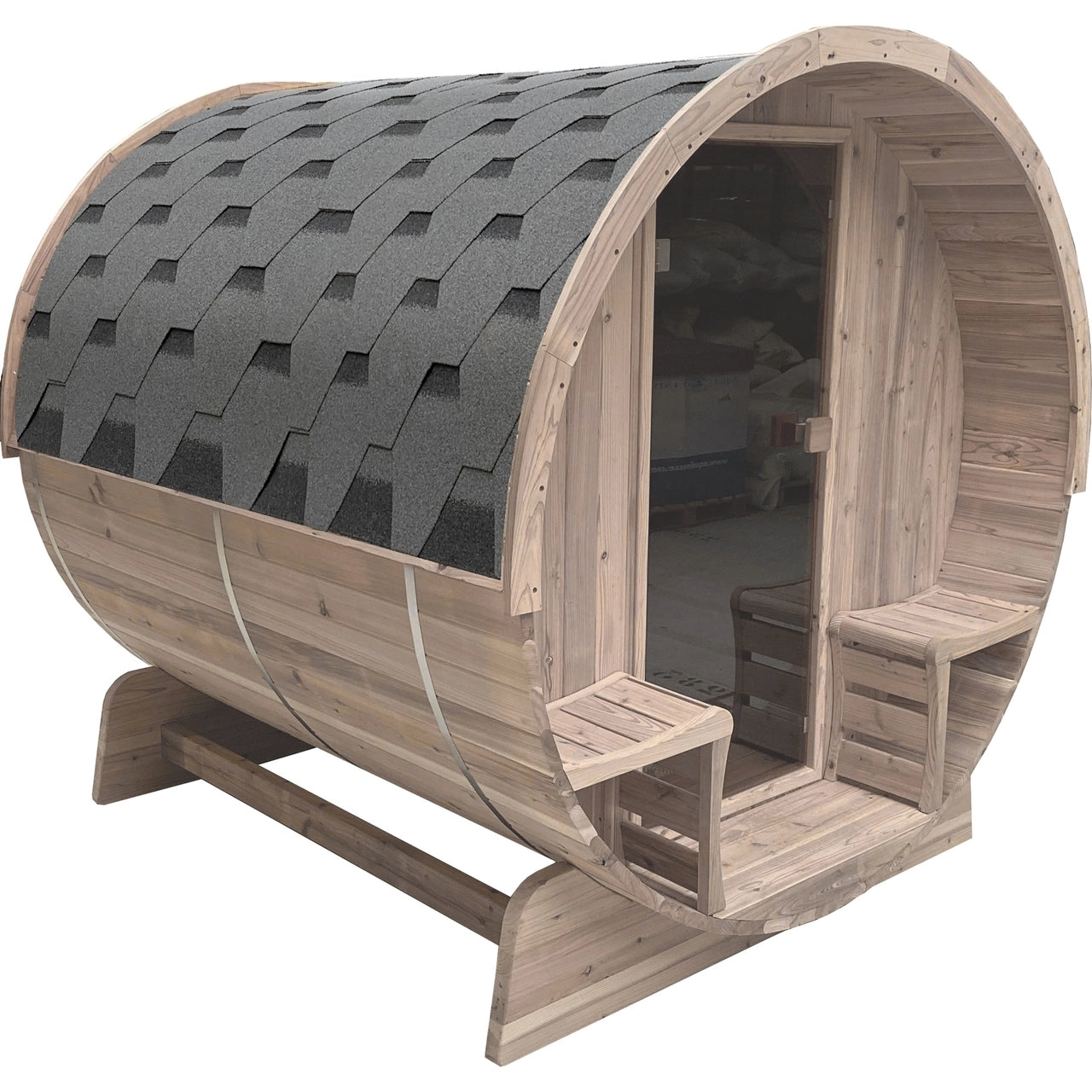 Outdoor Pine Barrel Sauna with Panoramic View and Bitumen Shingle Roofing - 4 Person - 4.5 kW Harvia KIP Heater