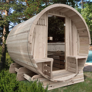 Outdoor Pine Barrel Sauna with Panoramic View and Bitumen Shingle Roofing - 4 Person - 4.5 kW Harvia KIP Heater