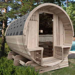 Outdoor Pine Barrel Sauna with Panoramic View and Bitumen Shingle Roofing - 4 Person - 4.5 kW Harvia KIP Heater