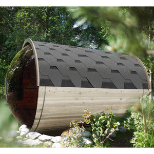 Outdoor Pine Barrel Sauna with Panoramic View and Bitumen Shingle Roofing - 4 Person - 4.5 kW Harvia KIP Heater